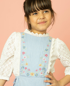 Polka Dot and Floral Embroidery Playsuit with a White Schiffley All-over Embroidery Top - Blue & White