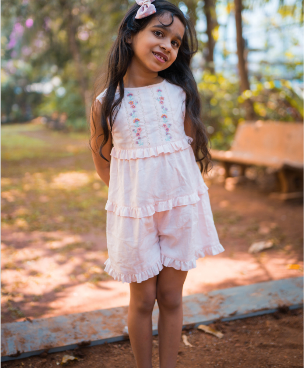 Dobby Playsuit with Ditsy Floral Embroidery - Pink