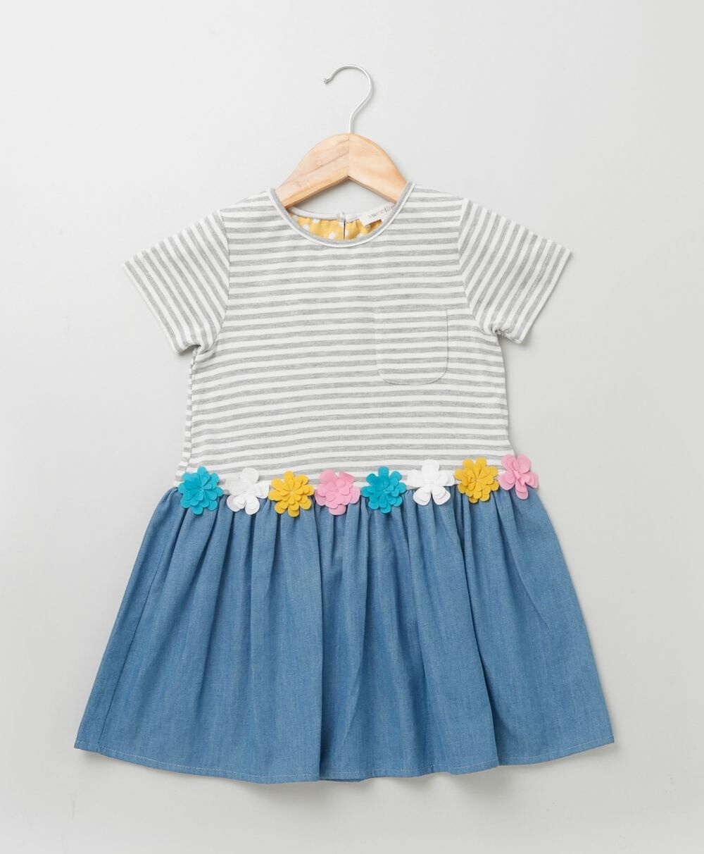 Jersey Stripe with Denim Skirt Mix Media Dress - Grey & Blue