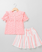 Butterfly Printed Cotton Top with Striped Skirt - Pink & White