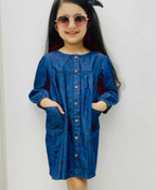 Cotton Denim All over Strawberry Print Dress - Blue