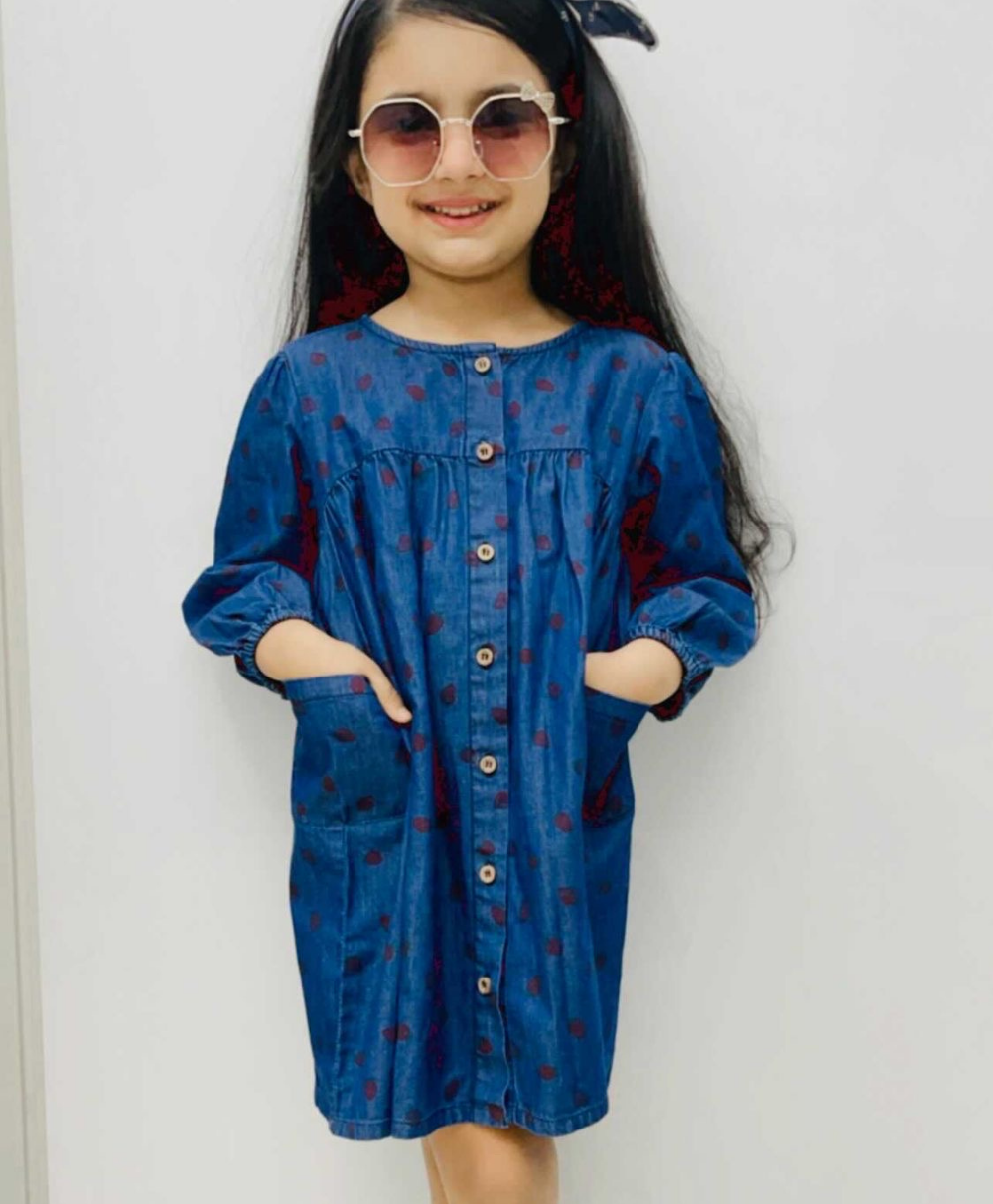 Cotton Denim All over Strawberry Print Dress - Blue