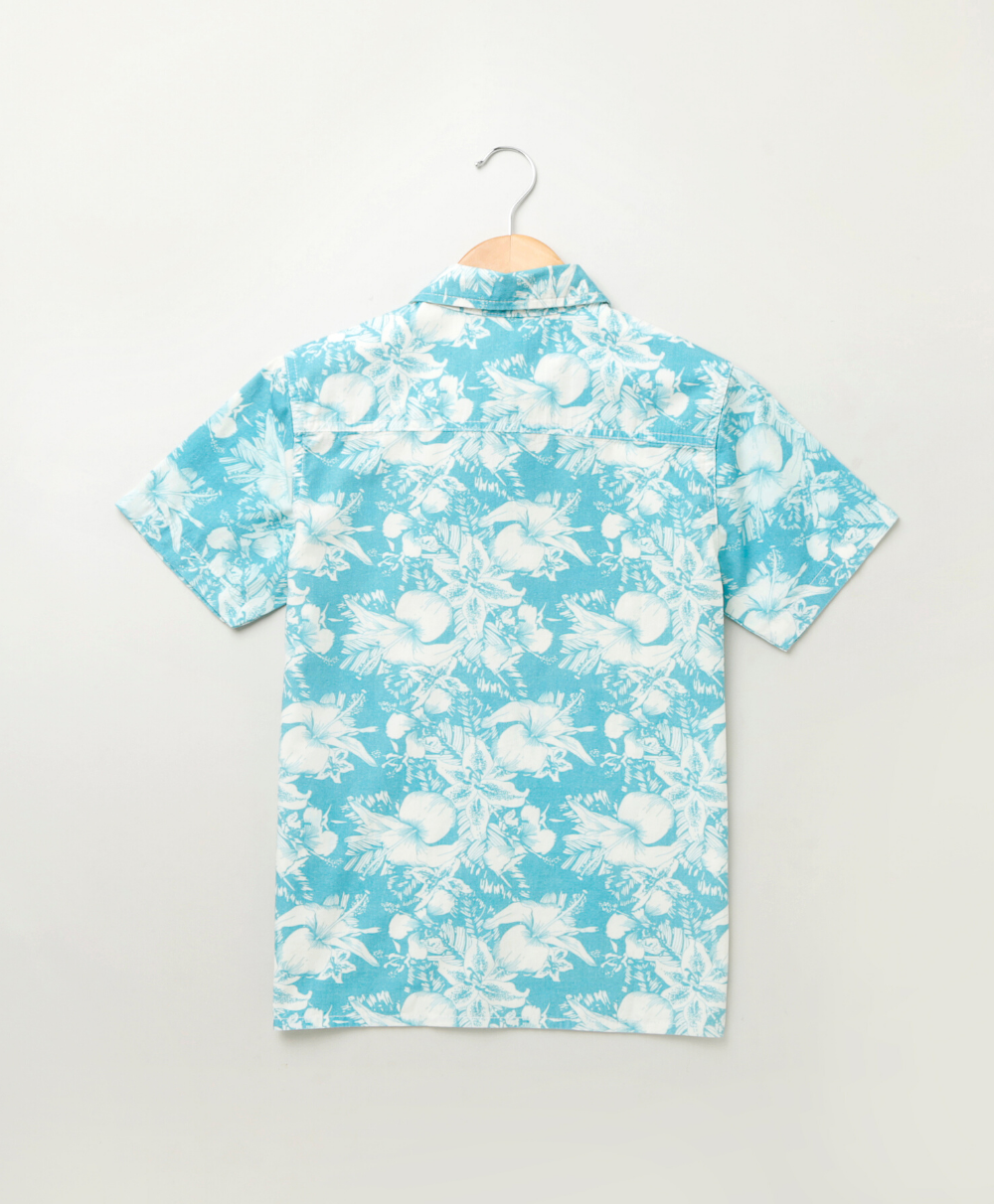 Blue and White Floral Printed Shirt - White