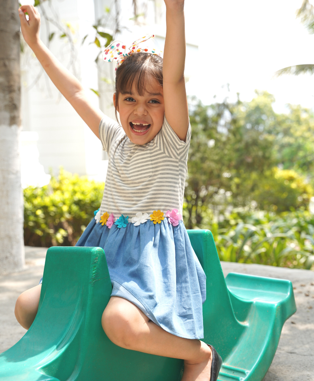 Jersey Stripe with Denim Skirt Mix Media Dress - Grey & Blue