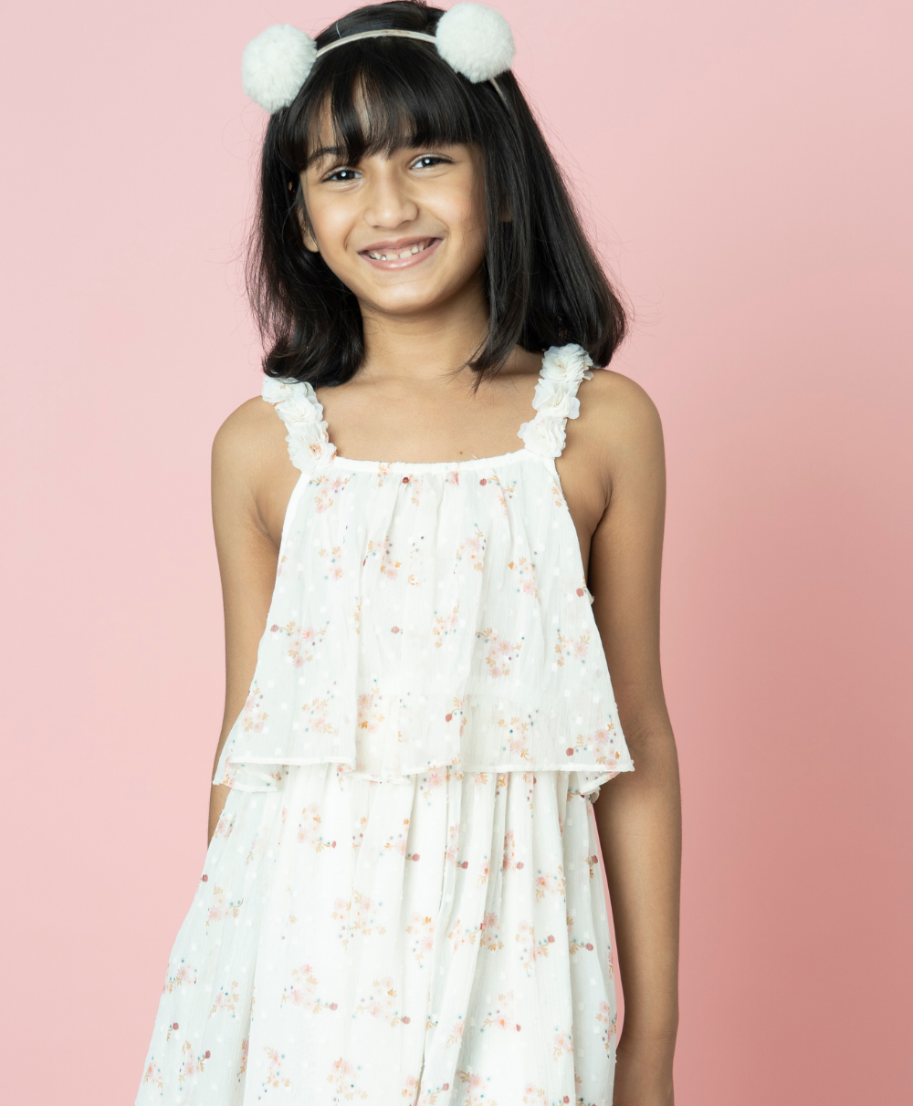 Floral Dobby Printed Layered Dress - White
