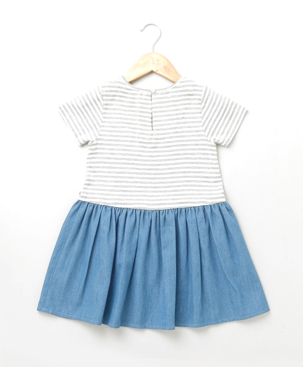 Jersey Stripe with Denim Skirt Mix Media Dress - Grey & Blue