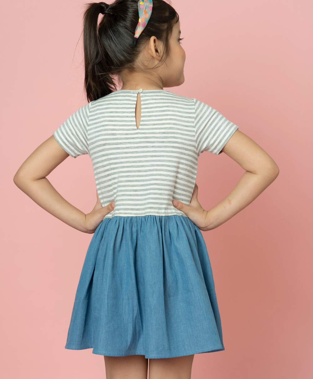Jersey Stripe with Denim Skirt Mix Media Dress - Grey & Blue