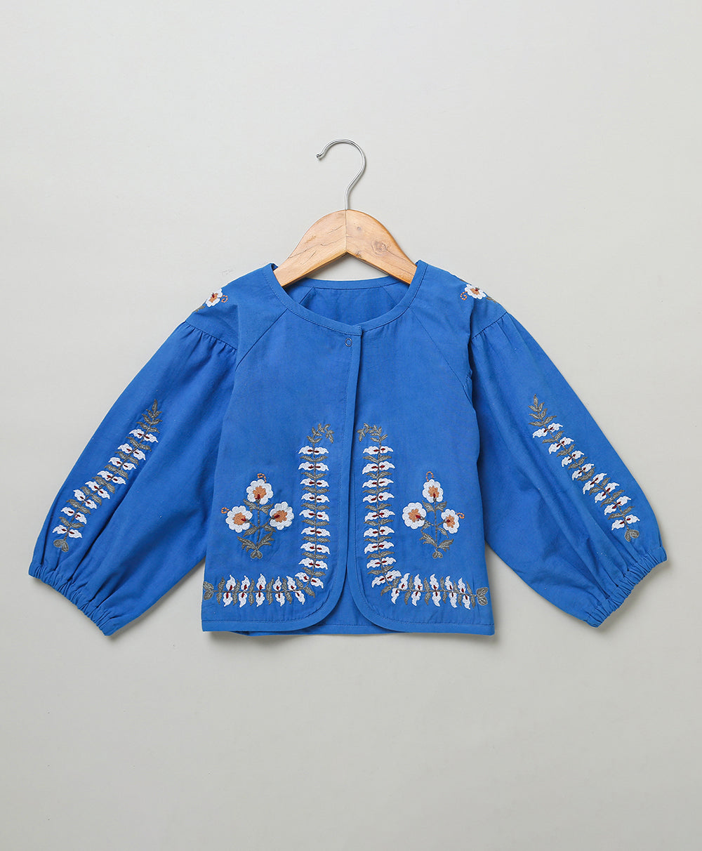 Kimono Cotton Poplin Jacket with Floral Embroidery - Blue