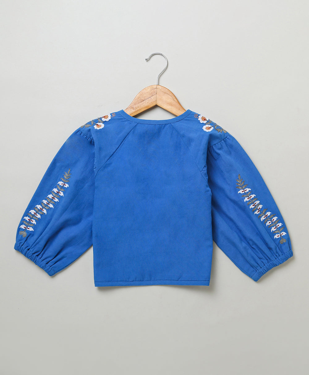 Kimono Cotton Poplin Jacket with Floral Embroidery - Blue