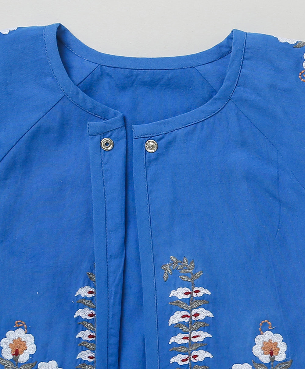 Kimono Cotton Poplin Jacket with Floral Embroidery - Blue