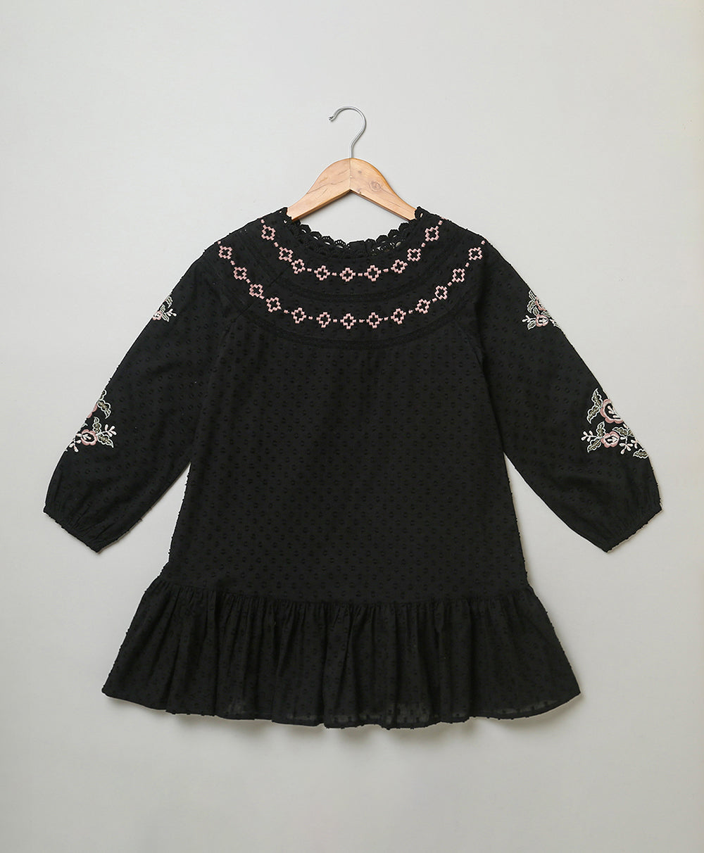 Embroidered Floral & Lace Trim Dress - Black