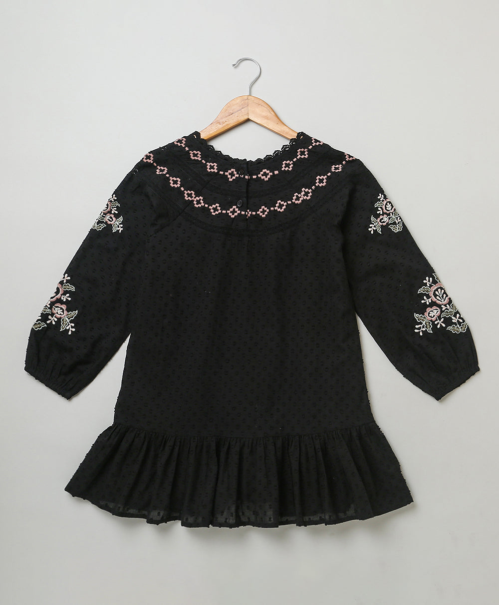 Embroidered Floral & Lace Trim Dress - Black