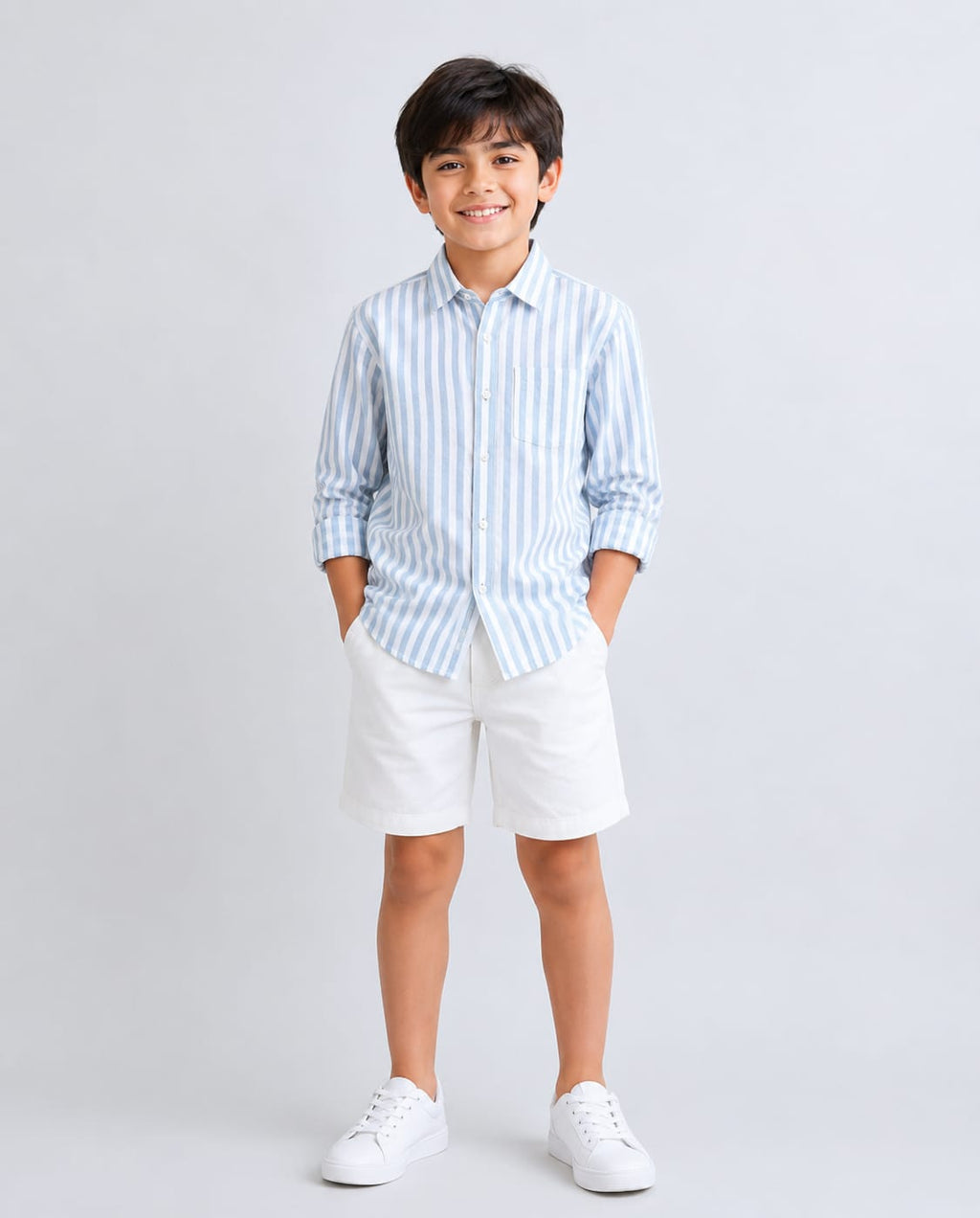 Striped Full Sleeves Cotton Slub Shirt - Blue & White