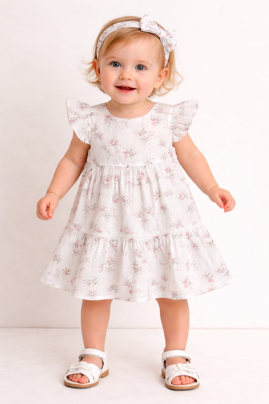 Blossom Breeze Organic Cotton Baby Dress with Hairband – White