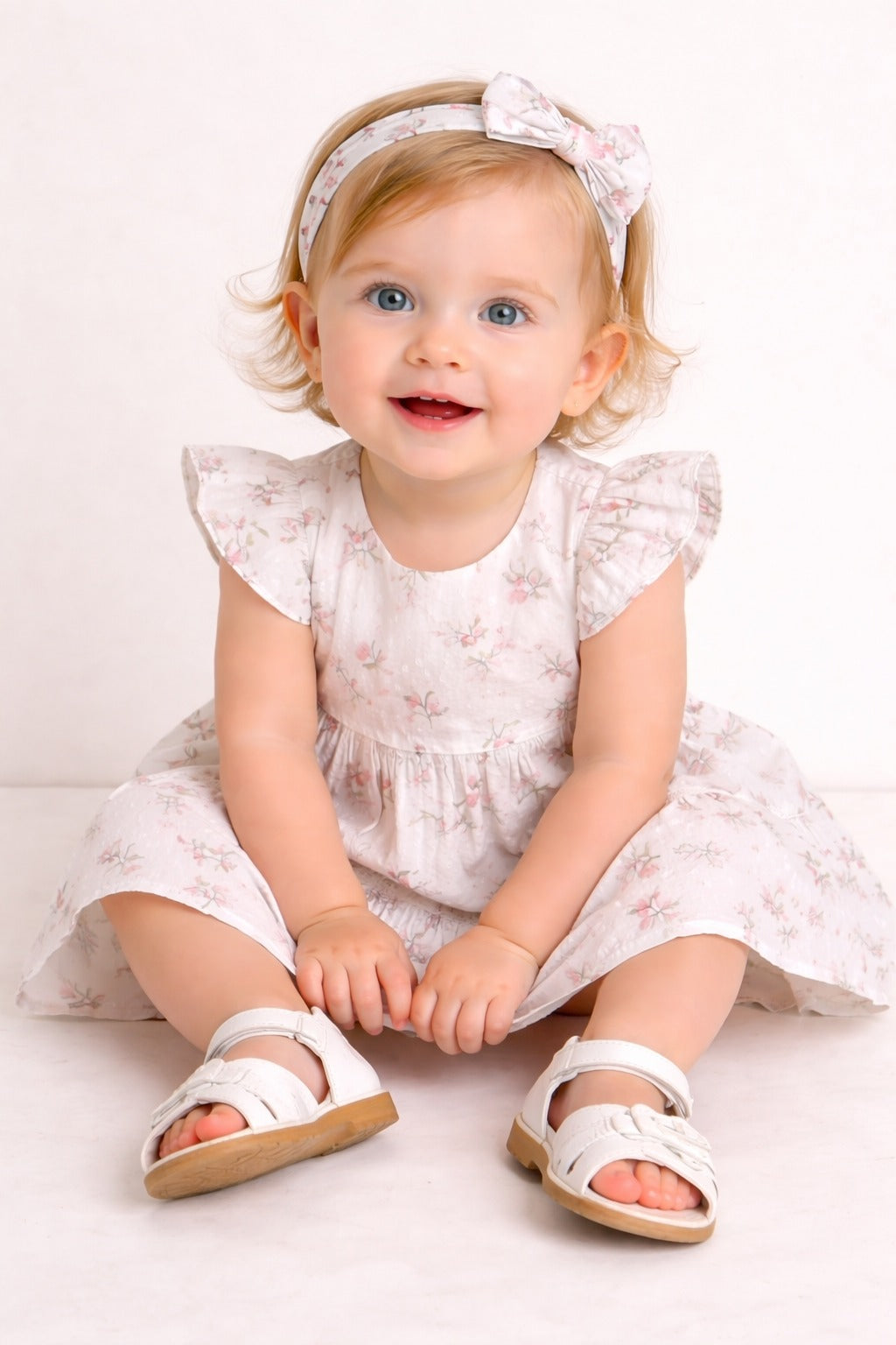 Blossom Breeze Organic Cotton Baby Dress with Hairband – White