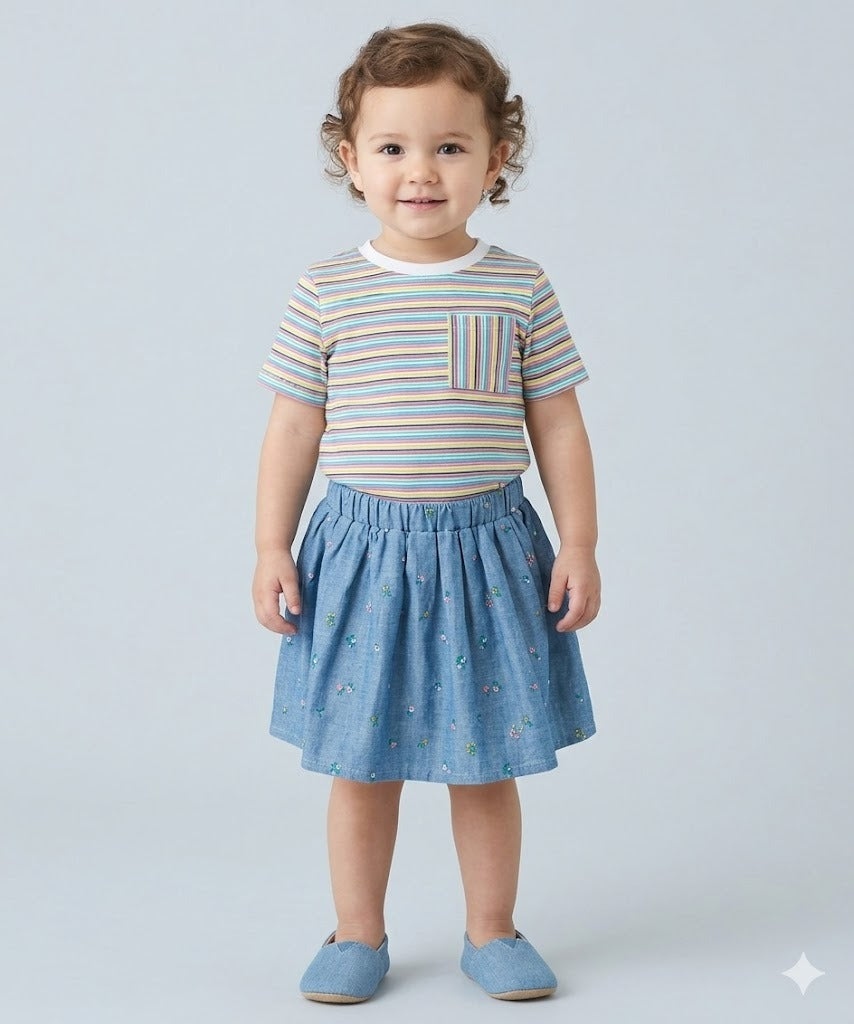 Striped T-shirt & All-over Floral Embroidery Denim Skirt - Multicolored & Blue