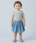 Striped T-shirt & All-over Floral Embroidery Denim Skirt - Multicolored & Blue