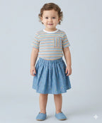 Striped T-shirt & All-over Floral Embroidery Denim Skirt - Multicolored & Blue