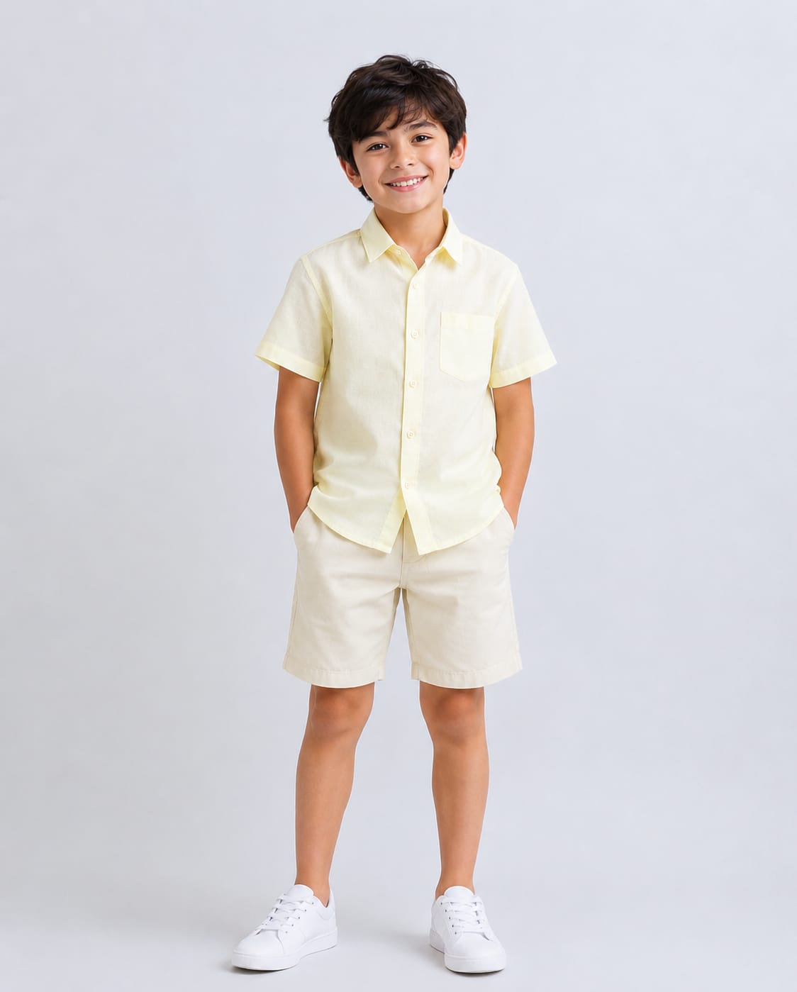Solid Short Sleeves Cotton Linen Shirt - Yellow