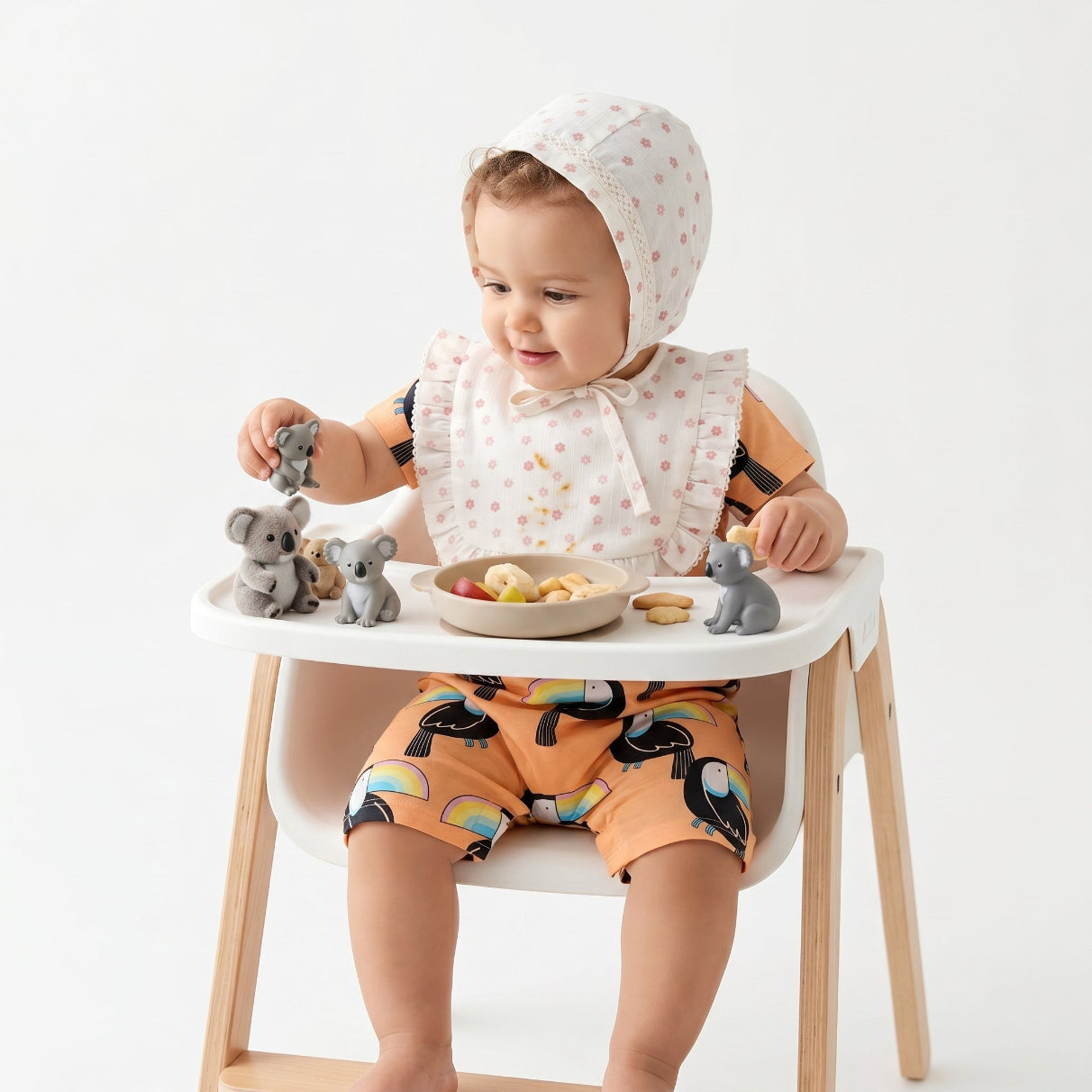 Organic Cotton Rosy Charm Bib & Bonnet- White