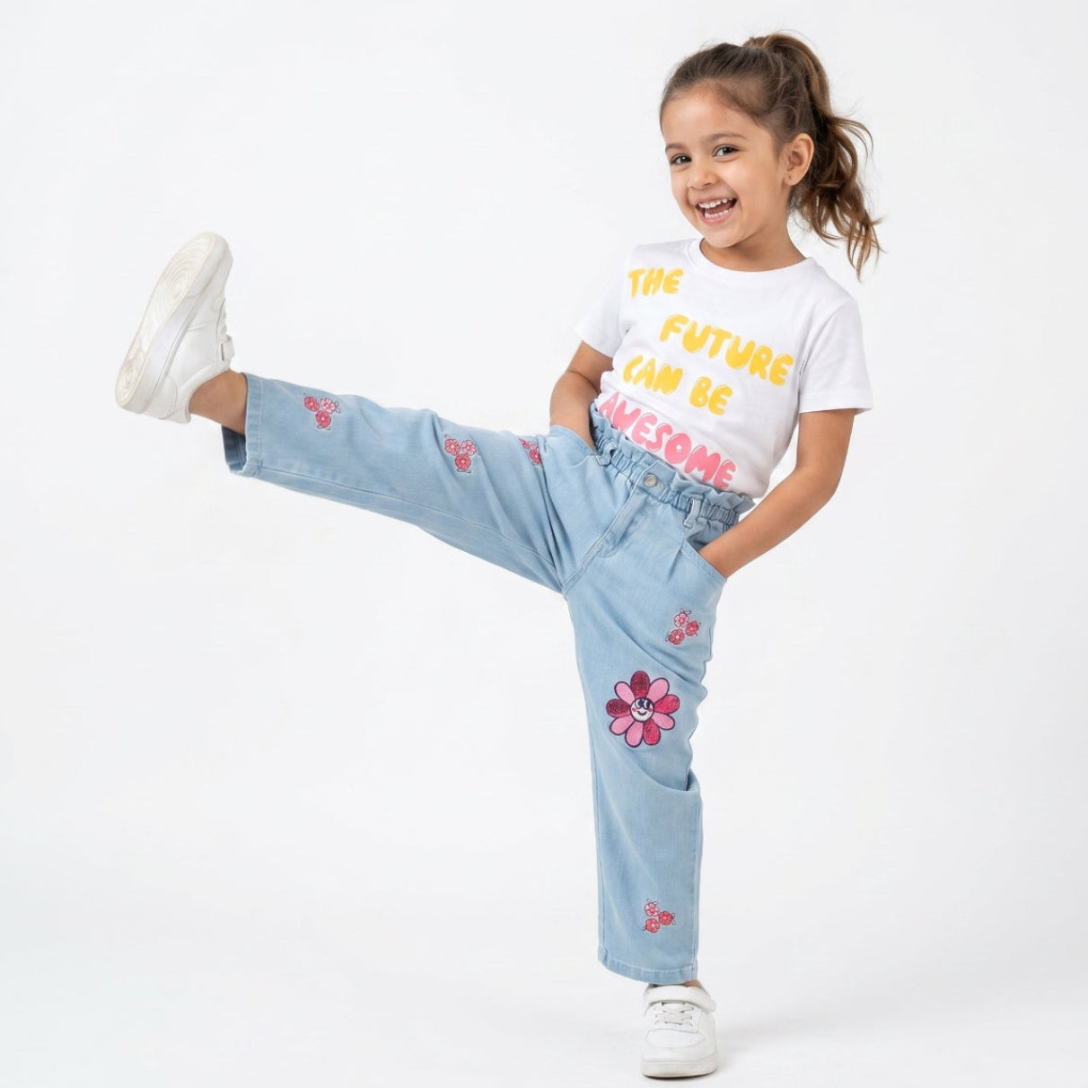 Pink Floral Embroidery Cotton Denim Pants - Blue