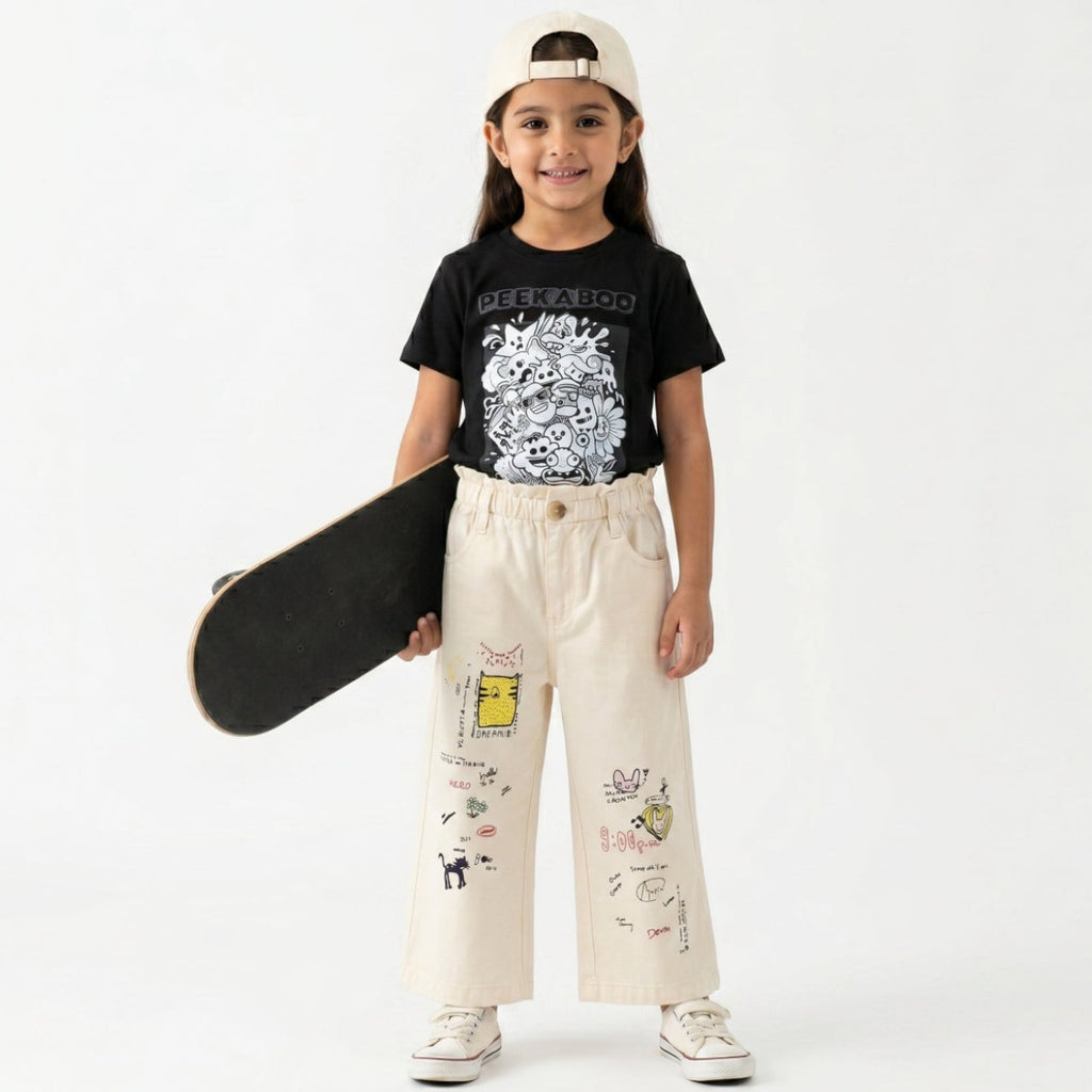 Doodle Dreamer Cotton Twill Trousers - Streetwear - Beige