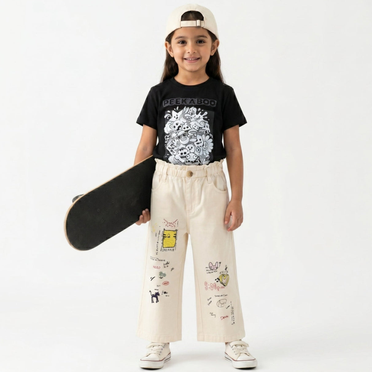 Doodle Dreamer Cotton Twill Trousers - Streetwear - Beige
