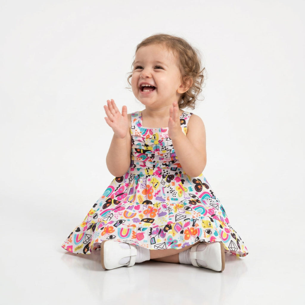 Cat & Butterfly Printed Colorful Dress - Multicoloured