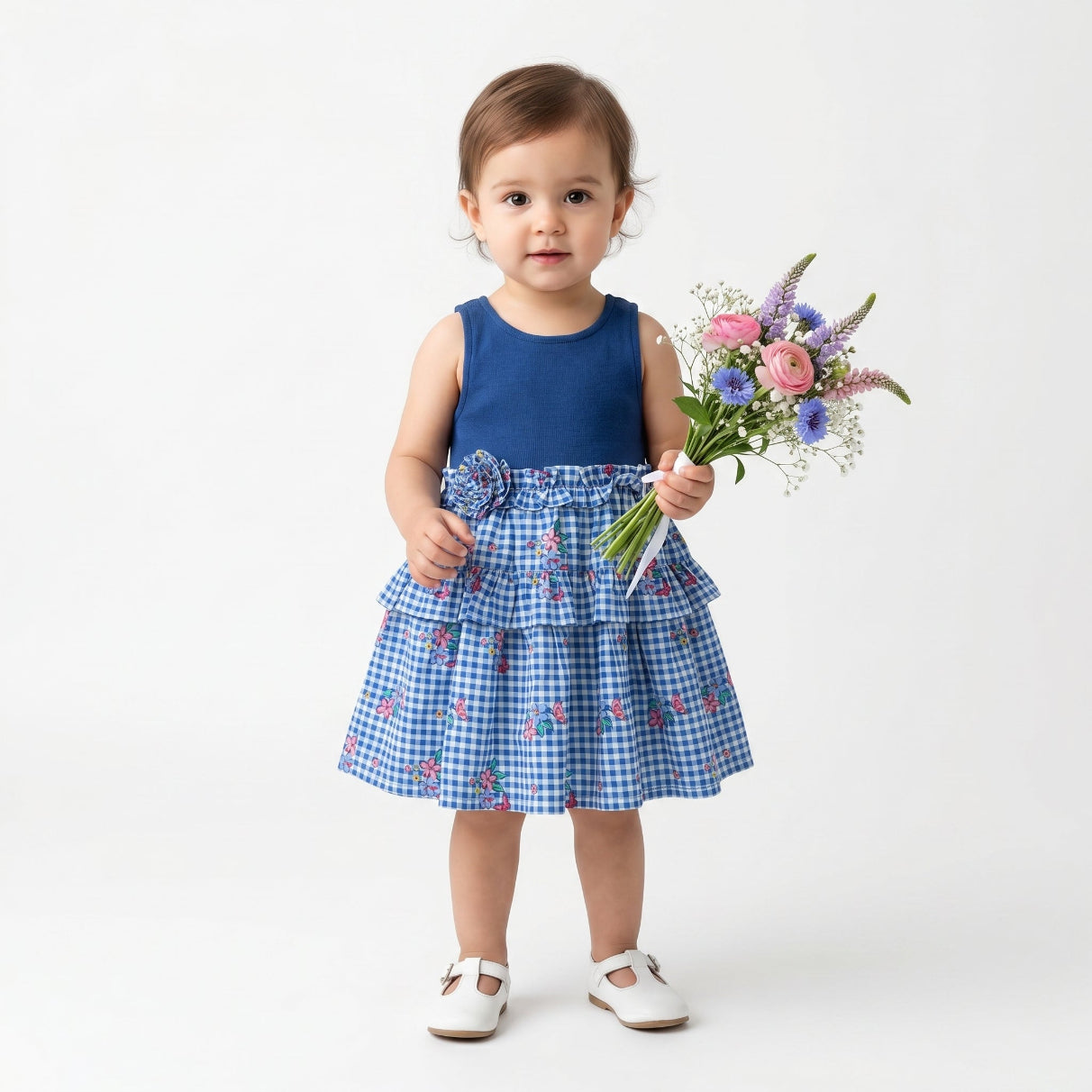 Checks Flared Cotton Printed Dress - Blue