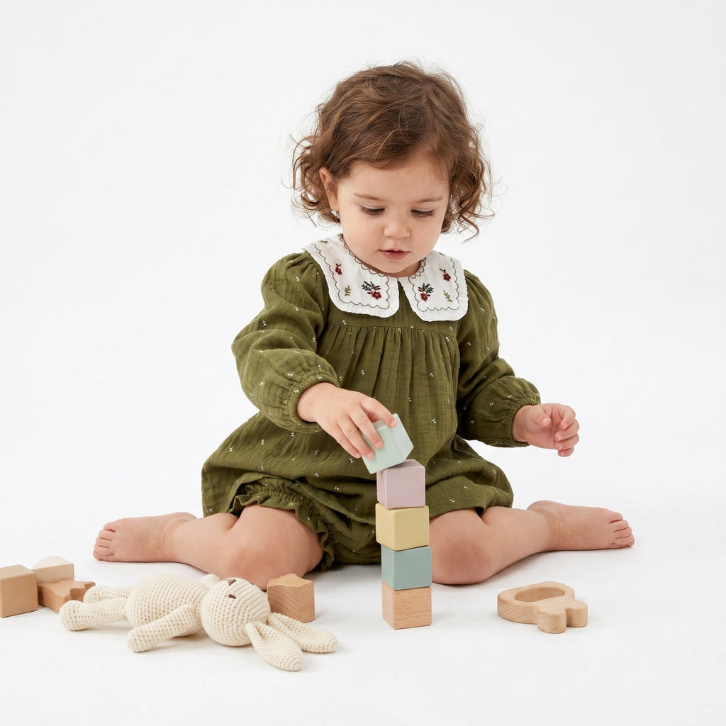 Peter Pan Collar Olive Green Cotton Dress with a Matching Bloomer - Olive Green