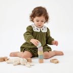 Peter Pan Collar Olive Green Cotton Dress with a Matching Bloomer - Olive Green