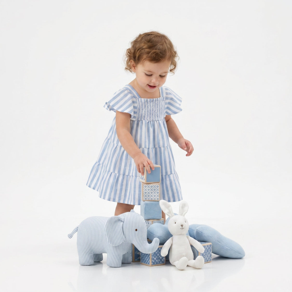 Striped Bell Sleeves Cotton Slub Dress - Blue & White