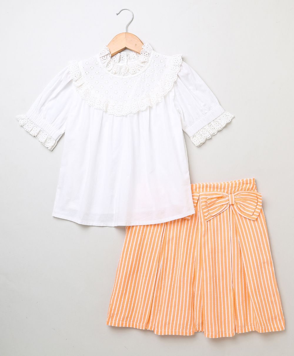 Ruffled Blouse & Striped Skirt - White & Peach