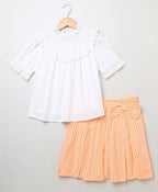 Ruffled Blouse & Striped Skirt - White & Peach