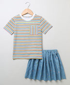 Striped T-shirt & All-over Floral Embroidery Denim Skirt - Multicolored & Blue
