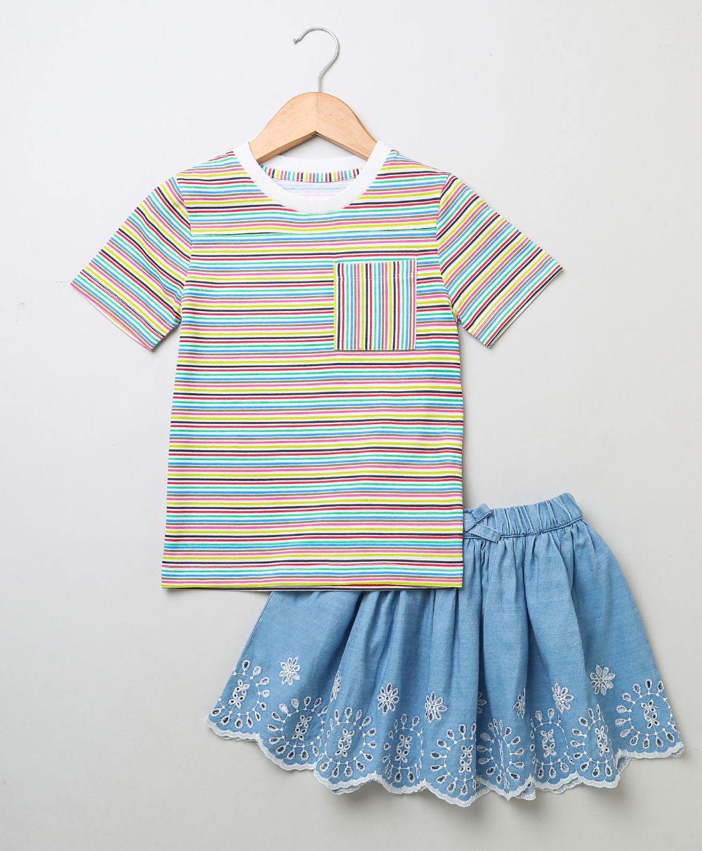 Striped T-shirt & Schiffly Embroidery Denim Skirt - Multicoloured & Blue