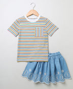 Striped T-shirt & Schiffly Embroidery Denim Skirt - Multicoloured & Blue