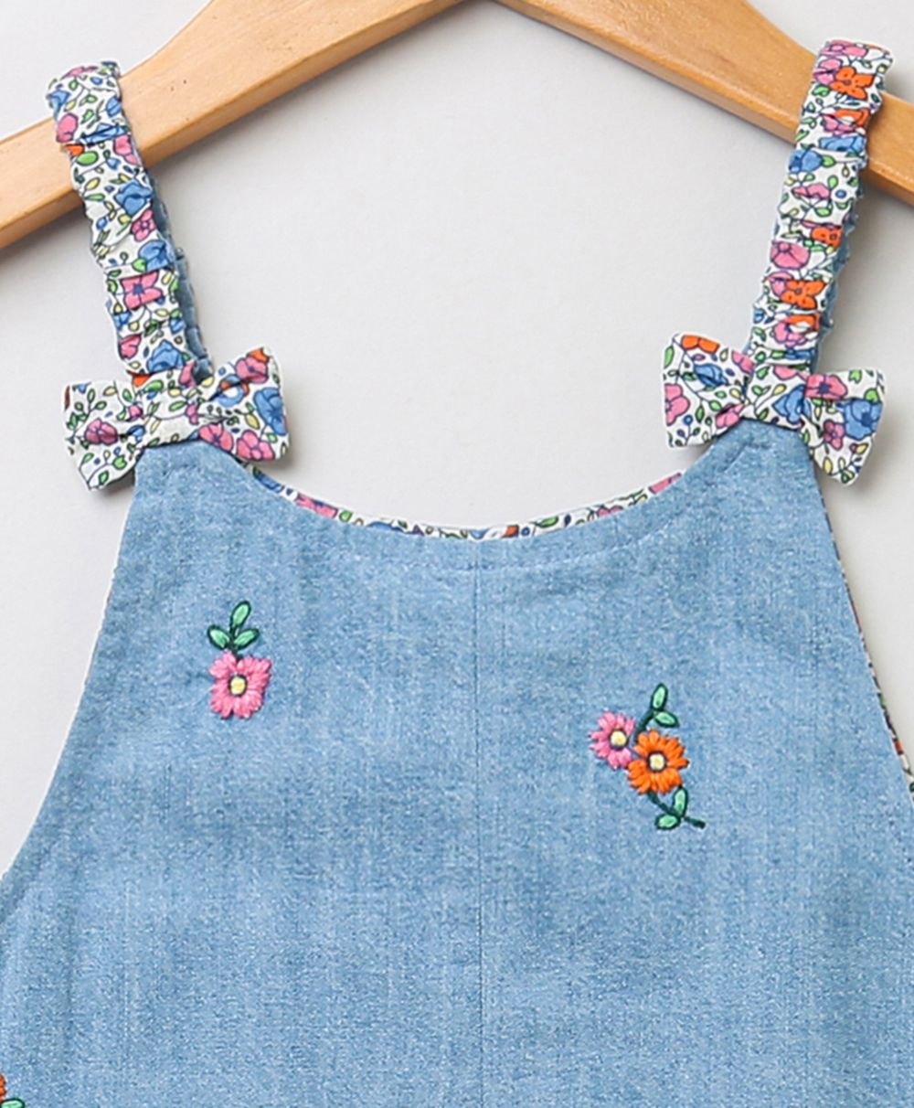 Baby Girls' Floral Embroidered Cotton Denim Romper - Blue