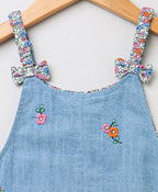 Baby Girls' Floral Embroidered Cotton Denim Romper - Blue