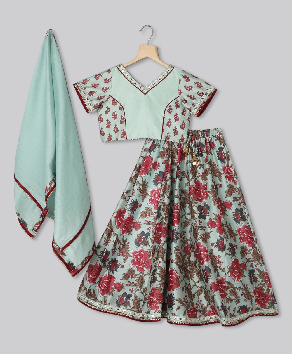 Printed Chanderi Lehenga Choli with Poly Dupion Dupatta - Green
