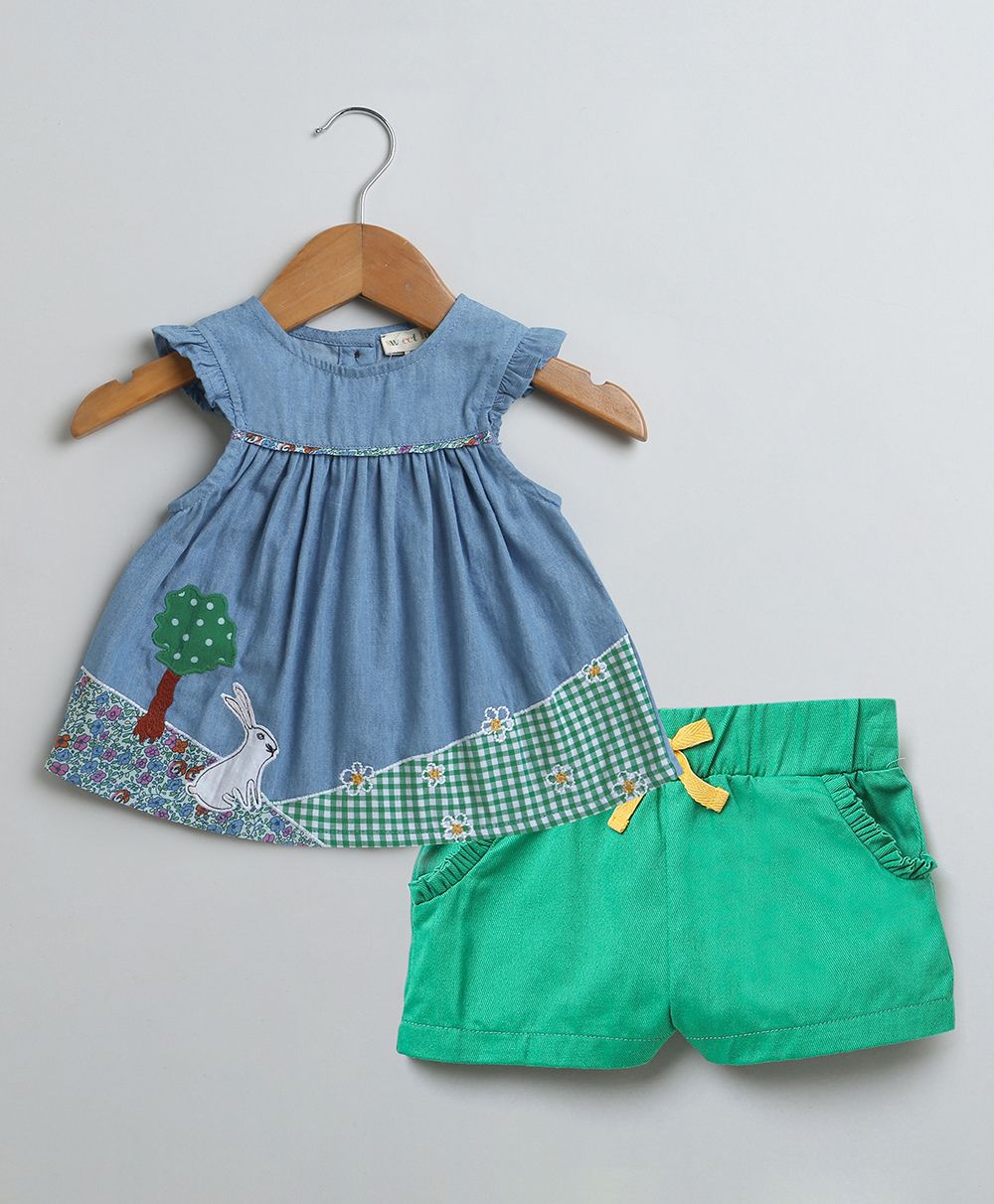 Rabbit Print Denim Top & Cotton Twill Shorts - Blue & Green