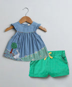 Rabbit Print Denim Top & Cotton Twill Shorts - Blue & Green
