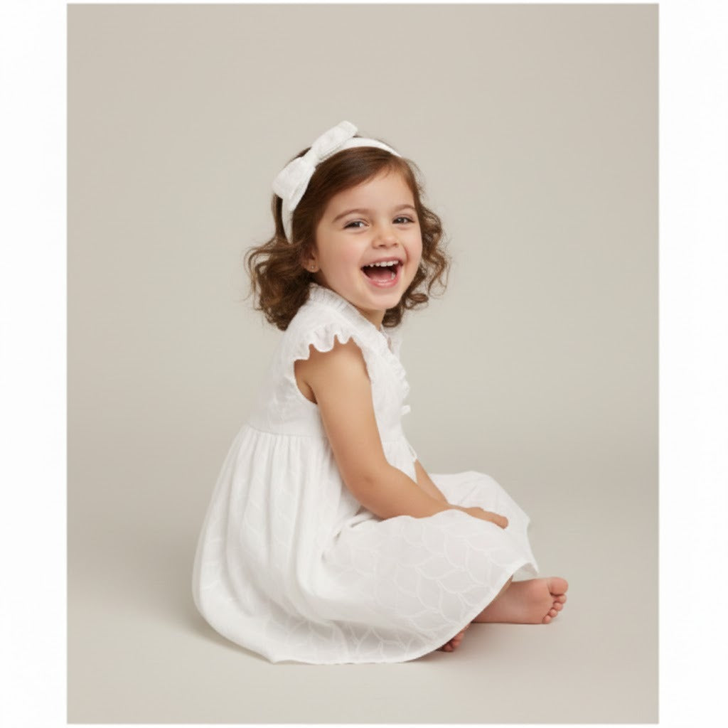 Organic Cotton Angel Pearl Baby Girl Dress with Headband - White