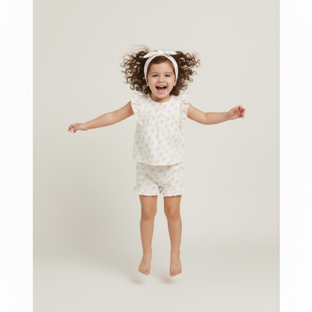 Blossom Breeze Organic Cotton Summer Co-ord White Set with a Hairband - White