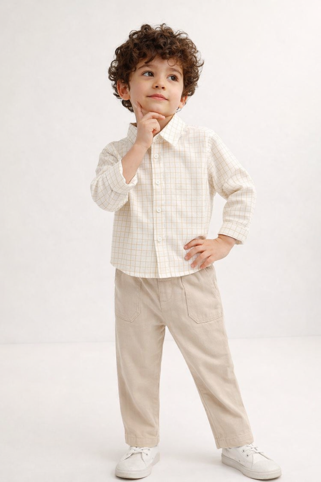 The yelllow Checks shirt  & Khaki Cotton Co-ord Set -  Biege