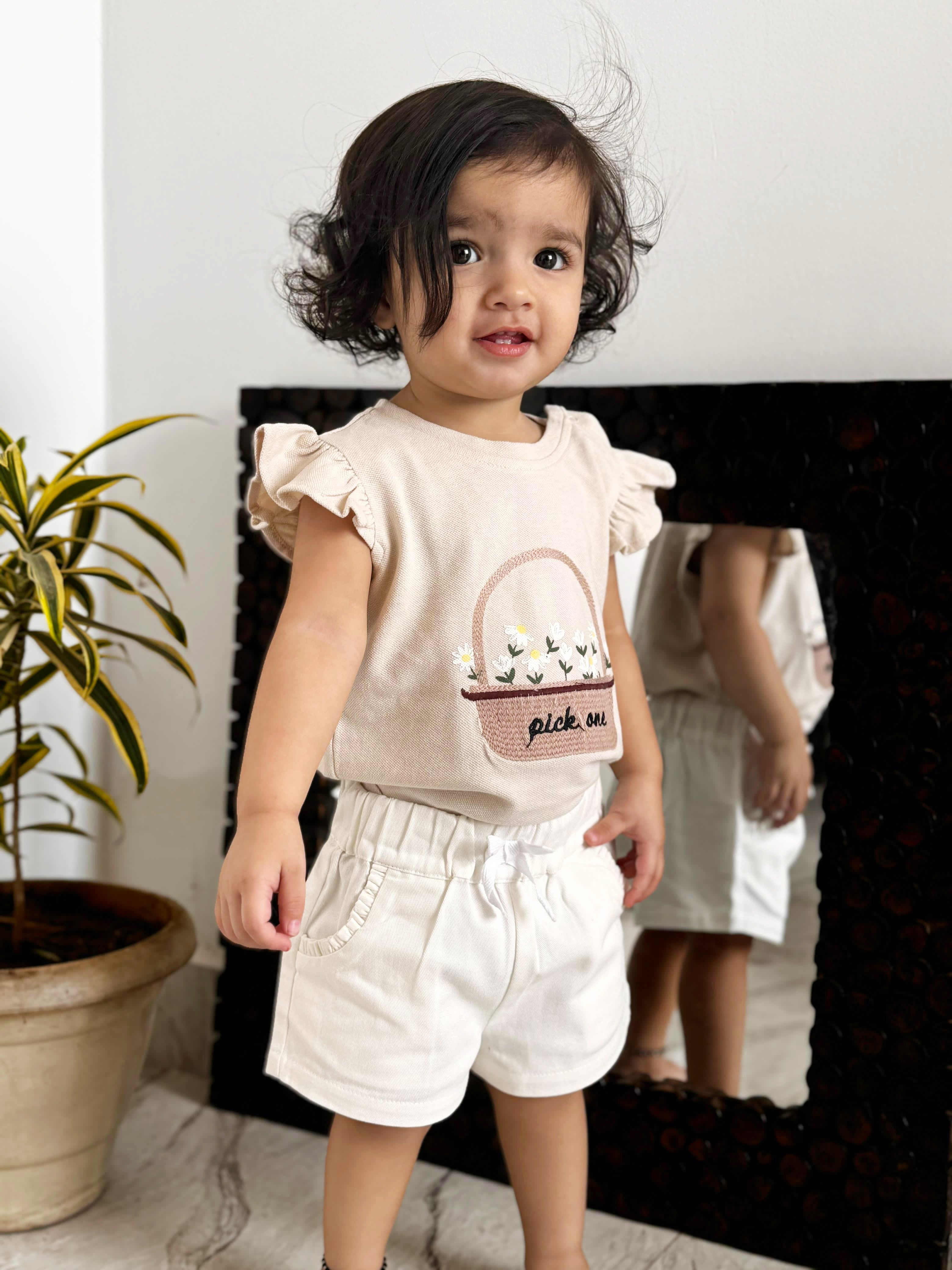 Blossom Basket Ruffle Top & Bow-Tie Cotton Twill Shorts Co-ord Set - Beige & White