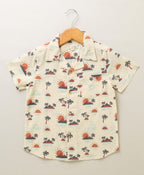 Palm Trees and Sunset Print Cotton Linen Shirt - Beige