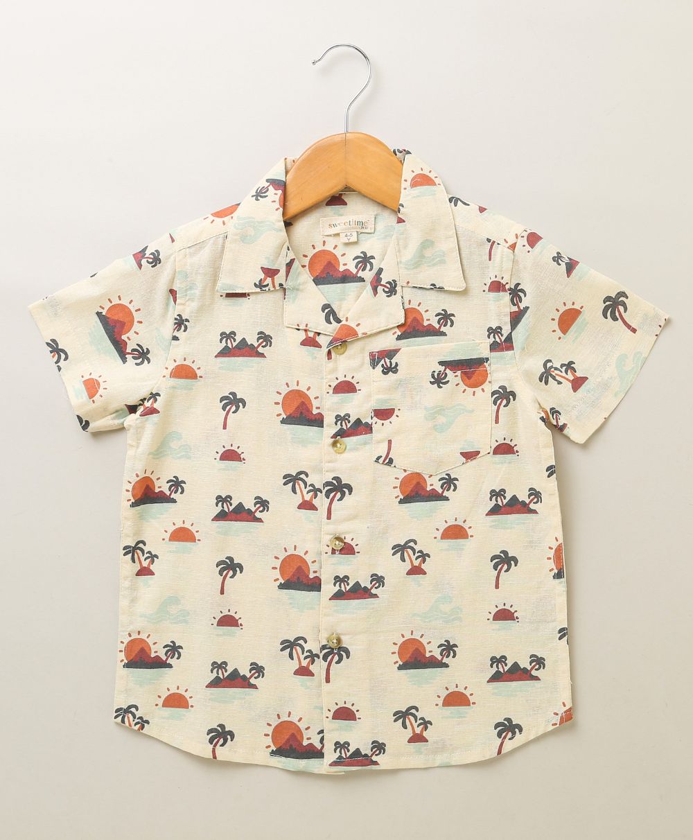 Palm Trees and Sunset Print Cotton Linen Shirt - Beige