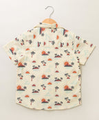 Palm Trees and Sunset Print Cotton Linen Shirt - Beige
