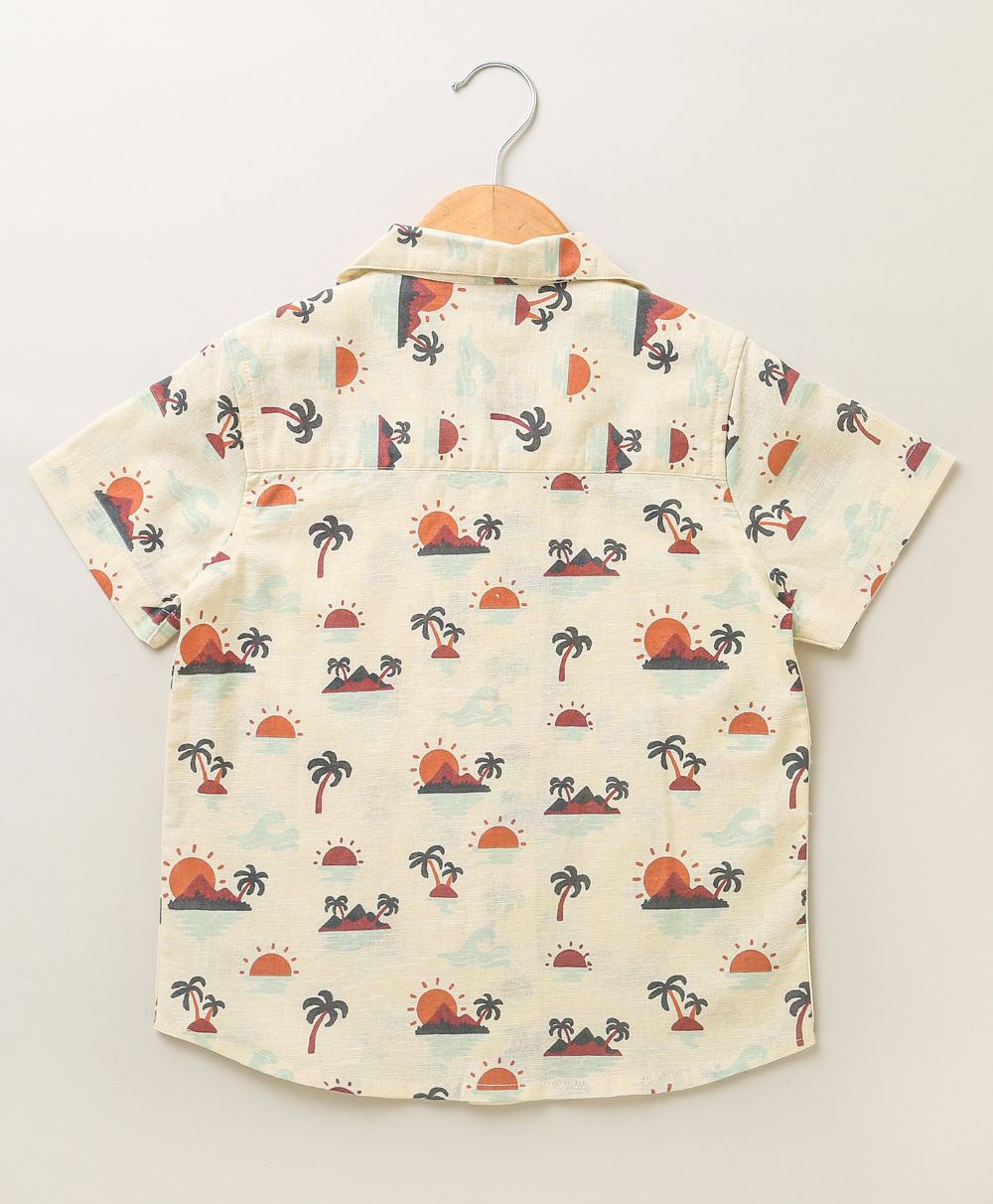 Palm Trees and Sunset Print Cotton Linen Shirt - Beige